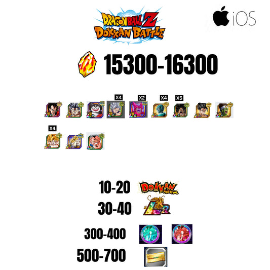 [GLOBAL][IOS] 15300-16300 STONES | BEAST GOHAN | CELL MAX | 12 CHARACTERS | 10-20 DOKKAN FEST | 30-40 LR | 500 TICKET