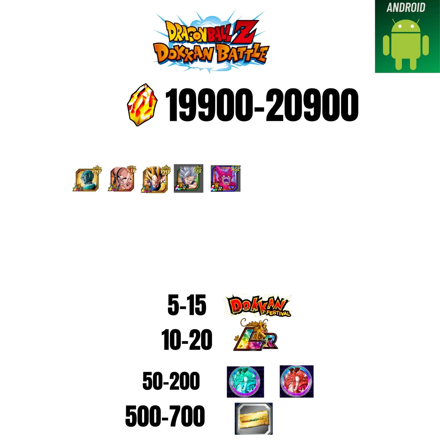 [GLOBAL][ANDROID] 19900-20900 STONES | BEAST GOHAN | CELL MAX | 5 CHARACTERS | 5-15 DOKKAN FEST | 10-20 LR | 500 TICKET