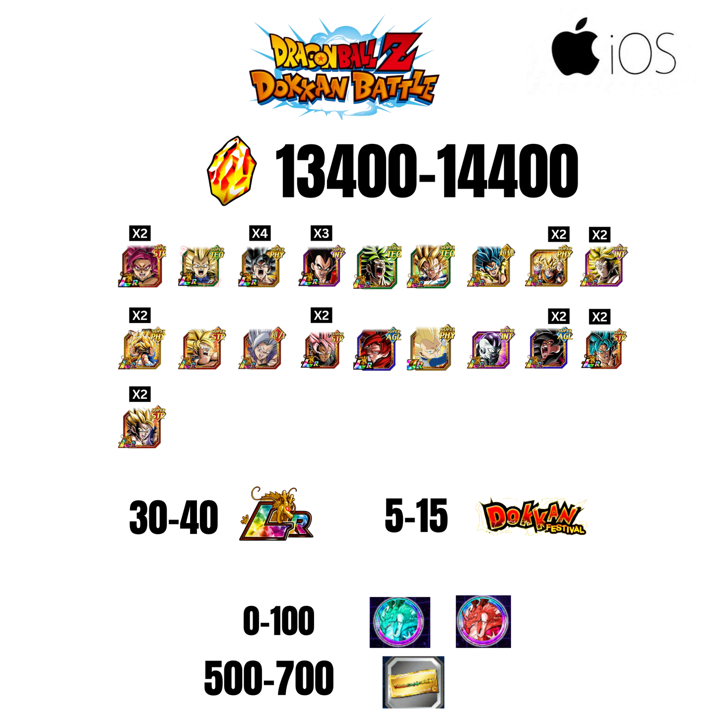 [GLOBAL][IOS] 13400-14400 STONES | GOKU SS4 | VEGETA SS3 | GOKU UI | VEGETA SS4 | 19 CHARACTERS | 30-40 LR + 5-15 DOKKAN FEST | 0-100 COIN | 500 TICKET