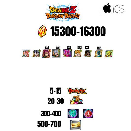 [GLOBAL][IOS] 15300-16300 STONES | BEAST GOHAN | CELL MAX | 9 CHARACTERS | 5-15 DOKKAN FEST | 20-30 LR | 500 TICKET