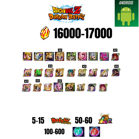 [GLOBAL][ANDROID] 16000-17000 STONES | 6TH ANNY CHARACTERS ANNY | BEAST GOHAN | CELL MAX | 26 CHARACTERS | 5-15 DOKKAN FEST | 50-60 LR | 100+ COIN