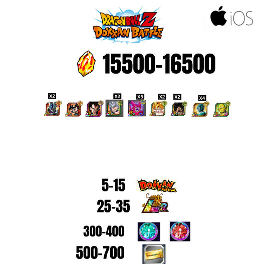 [GLOBAL][IOS] 15500-16500 STONES | BEAST GOHAN | CELL MAX | 9 CHARACTERS | 5-15 DOKKAN FEST | 25-35 LR | 500 TICKET