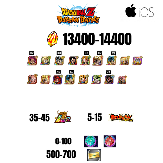 [GLOBAL][IOS] 13400-14400 STONES | GOKU SS4 | VEGETA SS3 | GOKU UI | VEGETA SS4 | 18 CHARACTERS | 35-45 LR + 5-15 DOKKAN FEST | 0-100 COIN | 500 TICKET