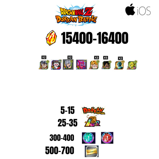 [GLOBAL][IOS] 15400-16400 STONES | BEAST GOHAN | CELL MAX | 8 CHARACTERS | 5-15 DOKKAN FEST | 25-35 LR | 500 TICKET