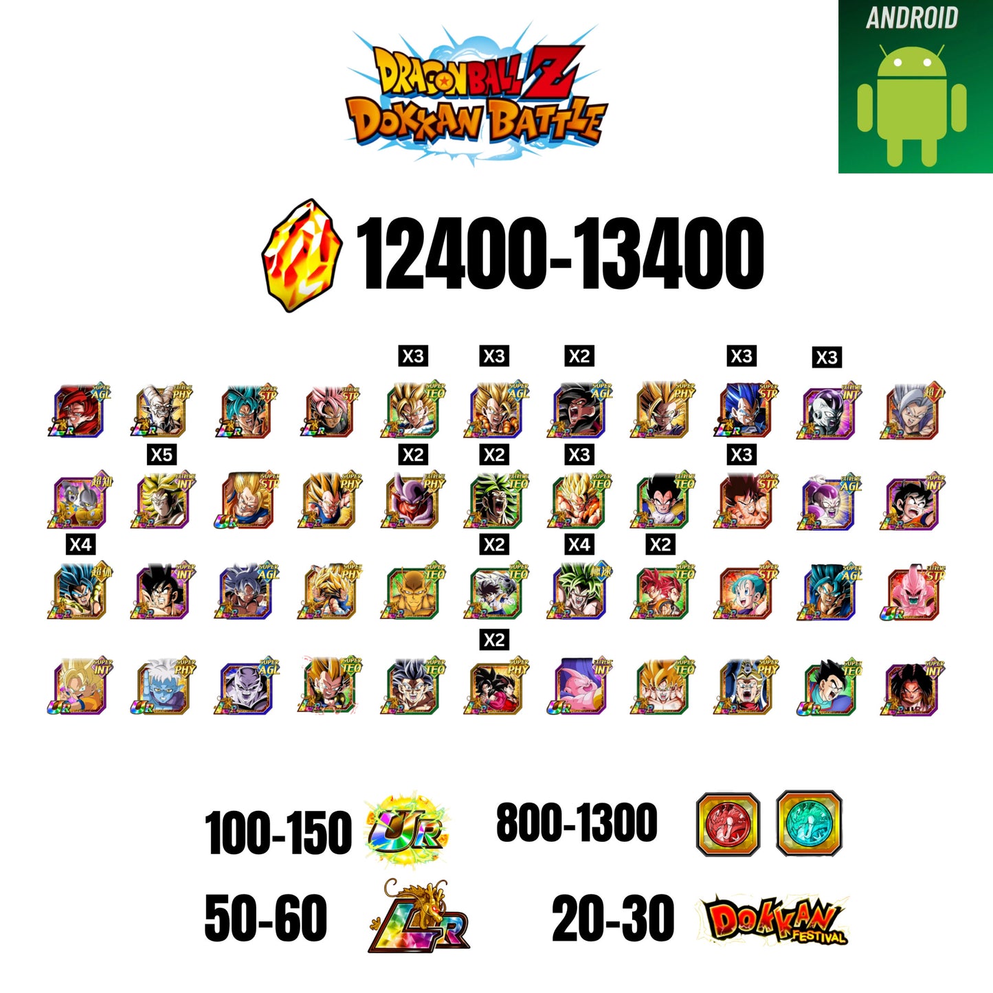🔥13400 STONES💎44 CHARACTERS GUARANTEED🔥60 LR +30 DF + 150 UR+ 1300 COIN🔥DOKKAN BATTLE GLOBAL(ANDROID)✨️