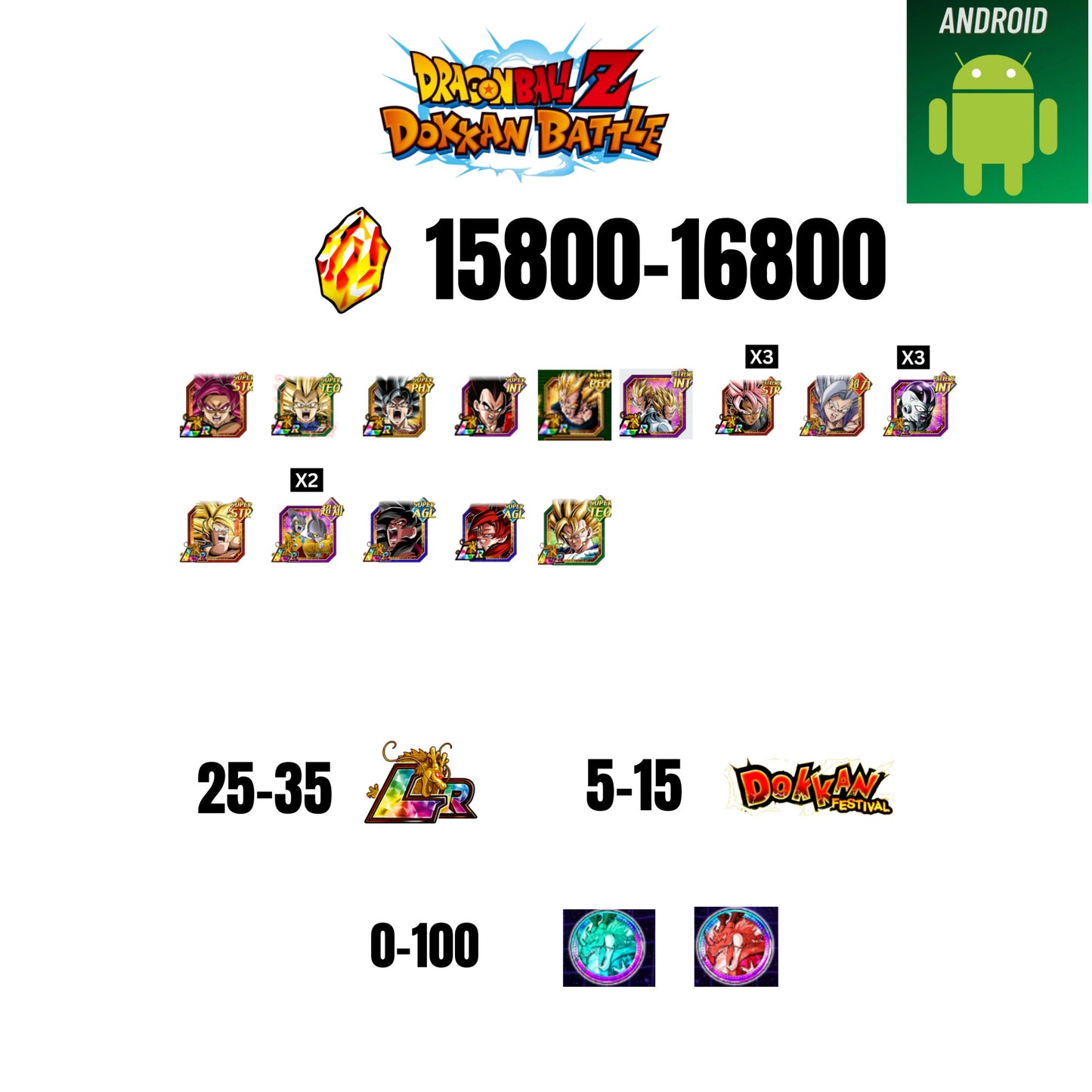 [GLOBAL][ANDROID] 15800-16800 STONES | GOKU SS4 | VEGETA SS3 | GOKU UI | VEGETA SS4 | 14 CHARACTERS | 25-35 LR + 5-15 DOKKAN FESTIVAL | 0-100 ANNY COIN