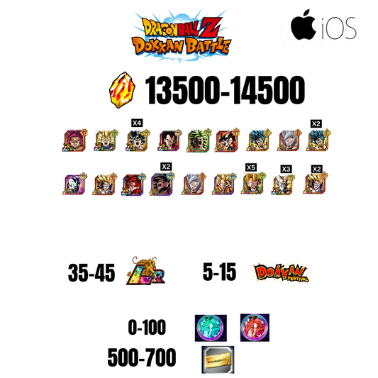 [GLOBAL][IOS] 13500-14500 STONES | GOKU SS4 | VEGETA SS3 | GOKU UI | VEGETA SS4 | 18 CHARACTERS | 35-45 LR + 5-15 DOKKAN FEST | 0-100 COIN | 500 TICKET