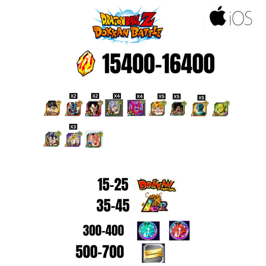 [GLOBAL][IOS] 15400-16400 STONES | BEAST GOHAN | CELL MAX | 12 CHARACTERS | 15-25 DOKKAN FEST | 35-45 LR | 500 TICKET