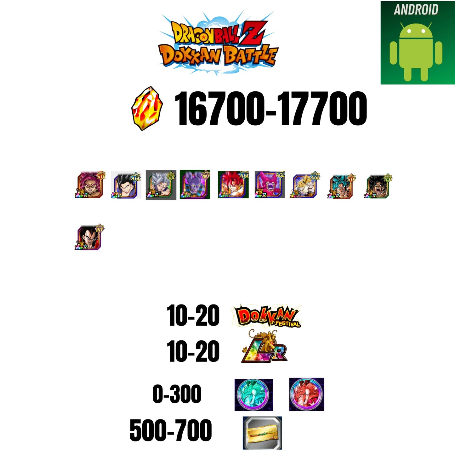 [GLOBAL][ANDROID] 16700-17700 STONES | BEAST GOHAN | CELL MAX | GOKU GOD | BEERUS | 10 CHARACTERS | 10-20 DOKKAN FEST | 10-20 LR | 500 TICKET