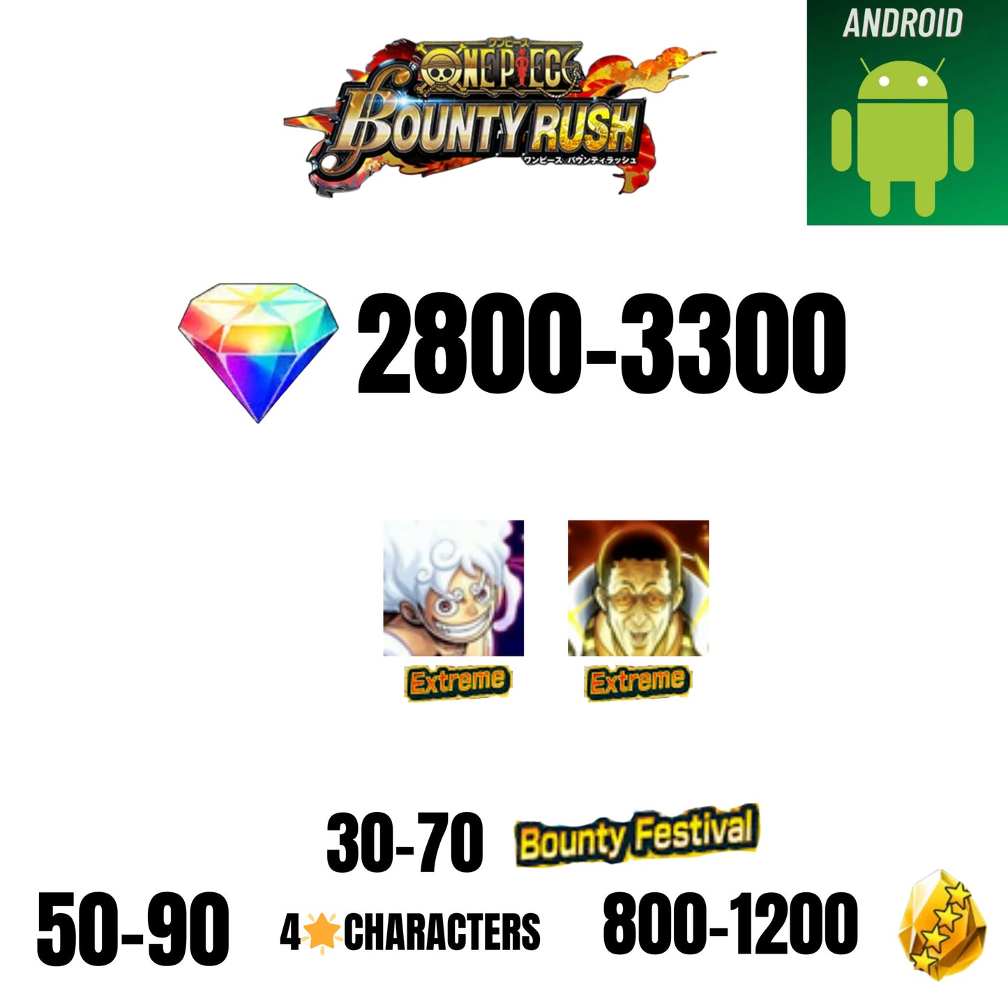 🔥2800 + GEMS💎2 EX CHARACTERS🔥30+ BOUNTY FESTIVAL🔥50+ 4-STAR CHARACTERS🔥800+ GOLD FRAGMENTS🔥ONE PIECE BOUNTY RUSH(ANDROID)✨️