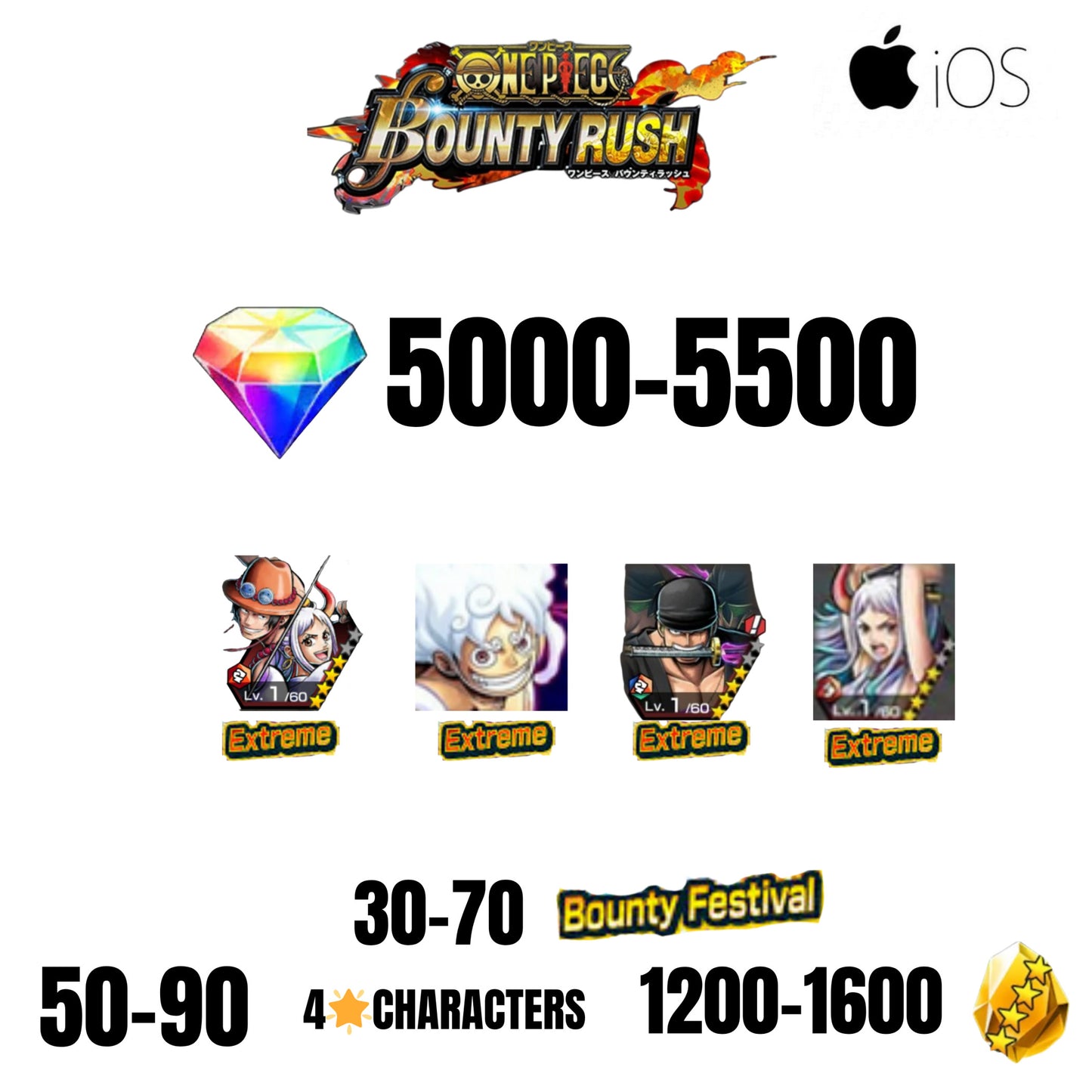 [GLOBAL][IOS] 5000+ GEMS | EX LUFFY + EX ACE/YAMATO + EX ZORO + EX YAMATO | 30+ BOUNTY FESTIVAL | 50+ 4-STAR CHARACTERS | 1200+ GOLD FRAGMENTS