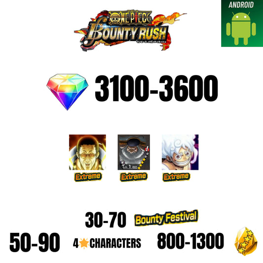 [GLOBAL][ANDROID] 3100-3600 GEMS | EX LUFFY G5 V2 | EX KIZARU | EX SATURN | 30-70 BOUNTY FESTIVAL | 50-90 4-STAR | 800-1300 FRAGMENTS