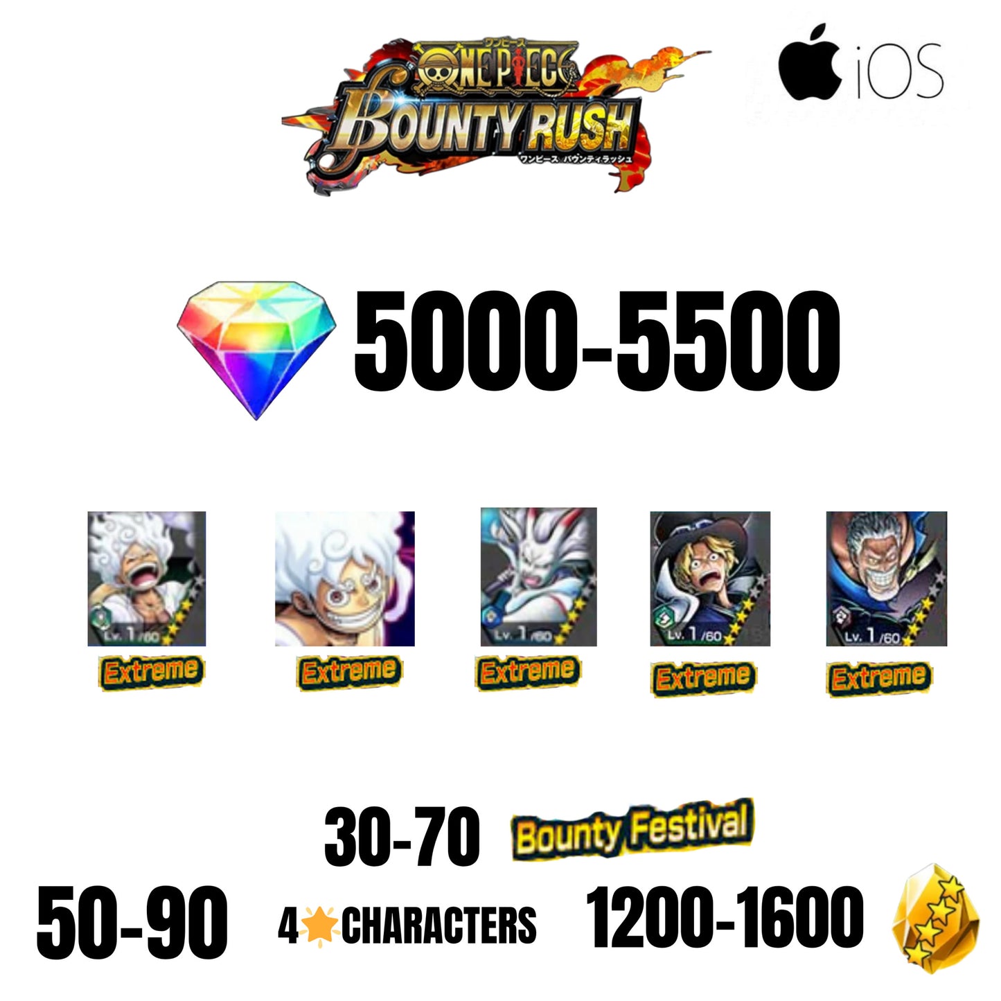 [GLOBAL][IOS] 5000+ GEMS | EX LUFFY X2 + EX SABO + EX YAMATO + EX GARP | 30+ BOUNTY FESTIVAL | 50+ 4-STAR CHARACTERS | 1200+ GOLD FRAGMENTS