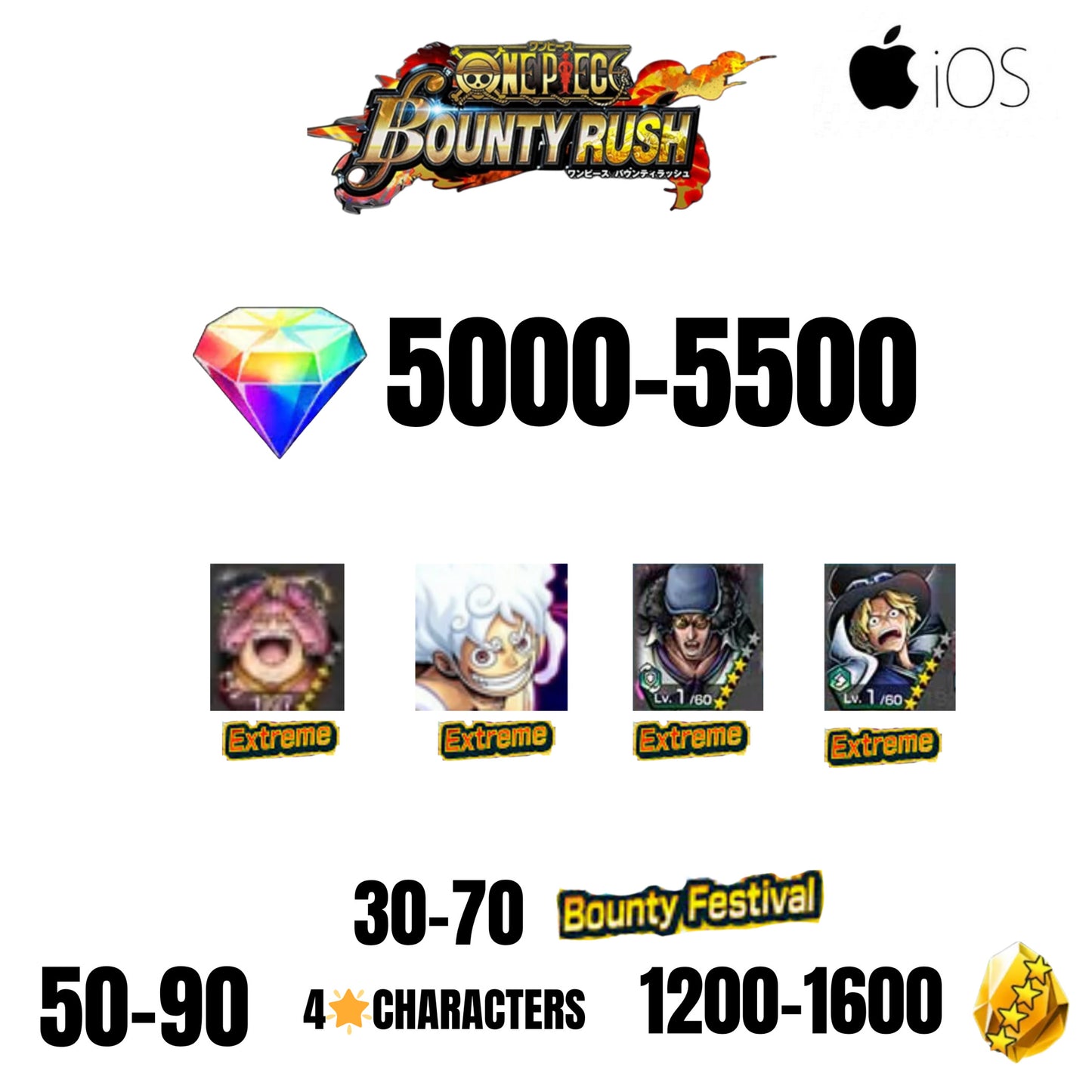 [GLOBAL][IOS] 5000+ GEMS | EX LUFFY + EX KUZAN + EX SABO + EX OLIN | 30+ BOUNTY FESTIVAL | 50+ 4-STAR CHARACTERS | 1200+ GOLD FRAGMENTS