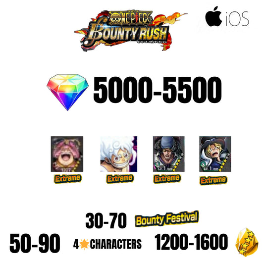 [GLOBAL][IOS] 5000+ GEMS | EX LUFFY + EX KUZAN + EX SABO + EX OLIN | 30+ BOUNTY FESTIVAL | 50+ 4-STAR CHARACTERS | 1200+ GOLD FRAGMENTS