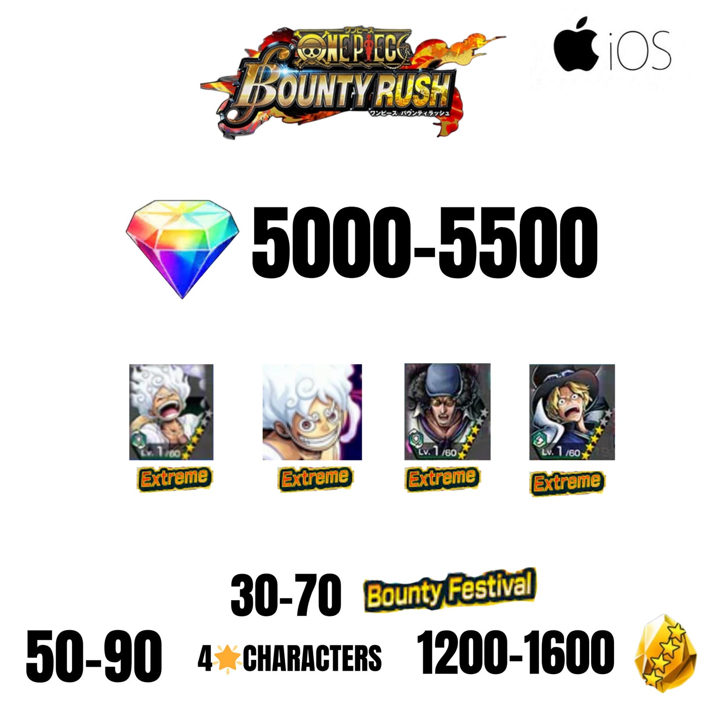 [GLOBAL][IOS] 5000+ GEMS | EX LUFFY X2 + EX KUZAN + EX SABO | 30+ BOUNTY FESTIVAL | 50+ 4-STAR CHARACTERS | 1200+ GOLD FRAGMENTS