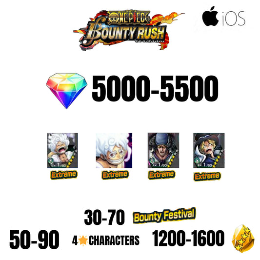 [GLOBAL][IOS] 5000+ GEMS | EX LUFFY X2 + EX KUZAN + EX SABO | 30+ BOUNTY FESTIVAL | 50+ 4-STAR CHARACTERS | 1200+ GOLD FRAGMENTS