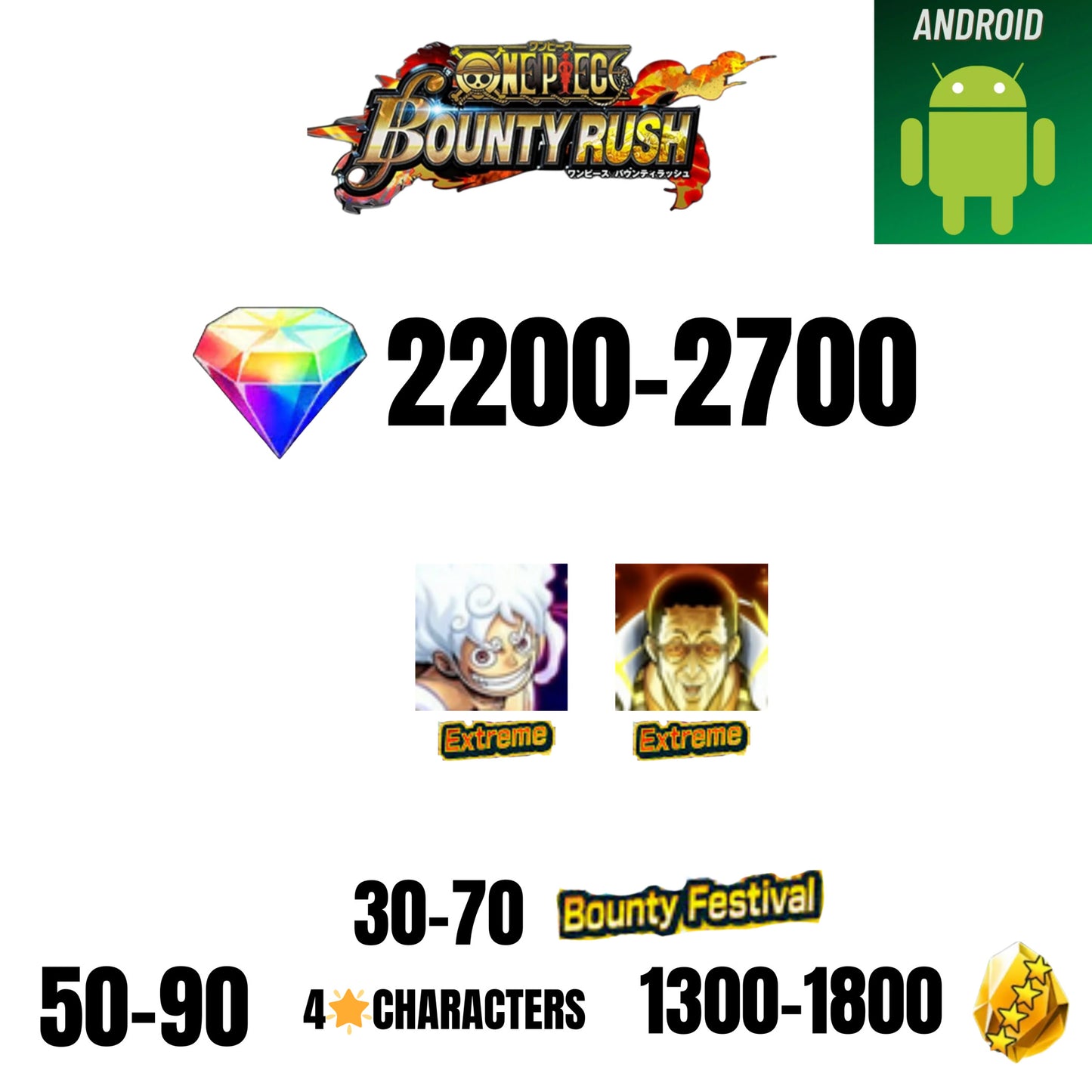 🔥2200 + GEMS💎2 EX CHARACTERS🔥30+ BOUNTY FESTIVAL🔥50+ 4-STAR CHARACTERS🔥1300+ GOLD FRAGMENTS🔥ONE PIECE BOUNTY RUSH(ANDROID)✨️