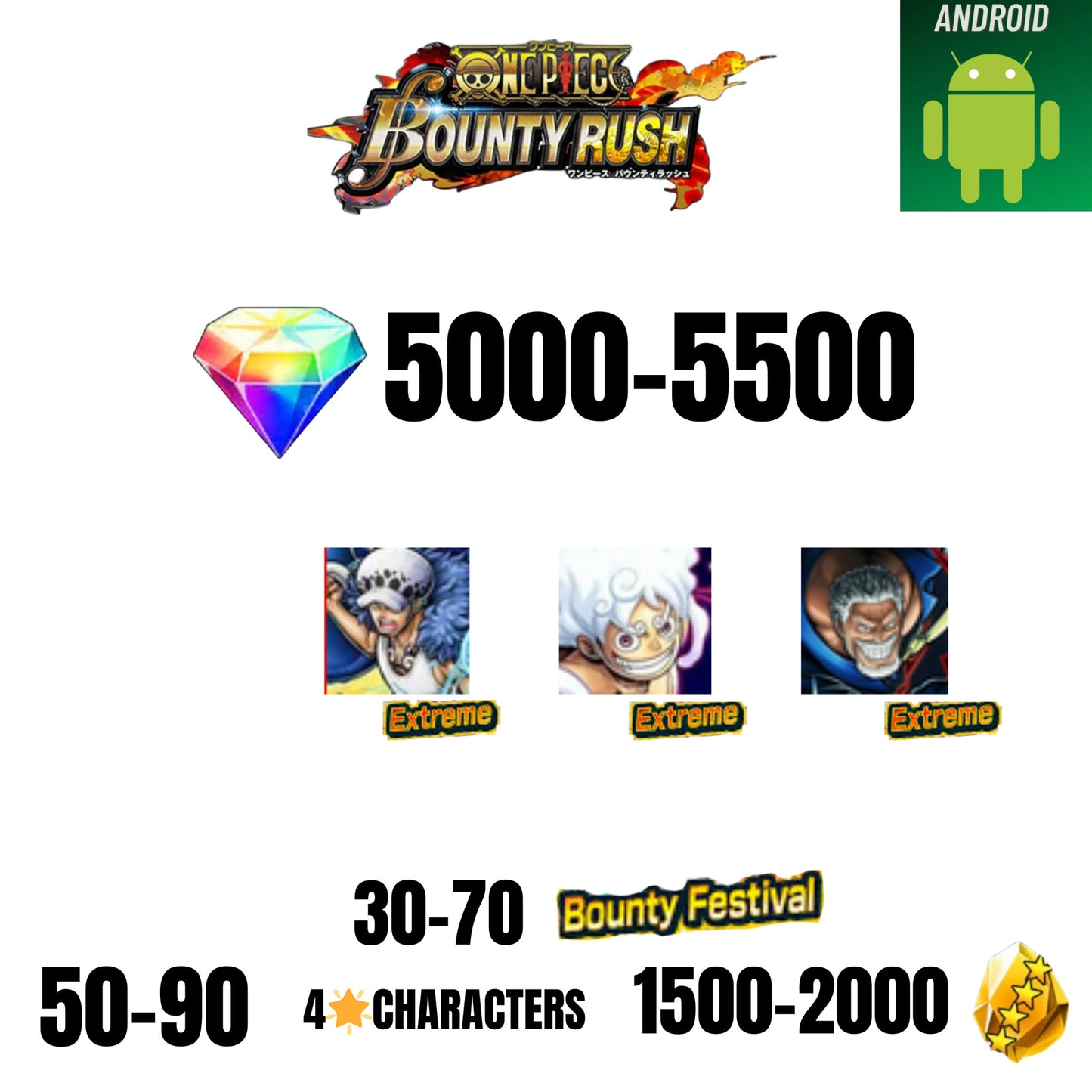 [GLOBAL][ANDROID] 5000-5500 GEMS | EX LUFFY G5 V2 | EX LAW | EX GARP | 30-70 BOUNTY FESTIVAL | 50-90 4-STAR | 1500-2000 FRAGMENTS