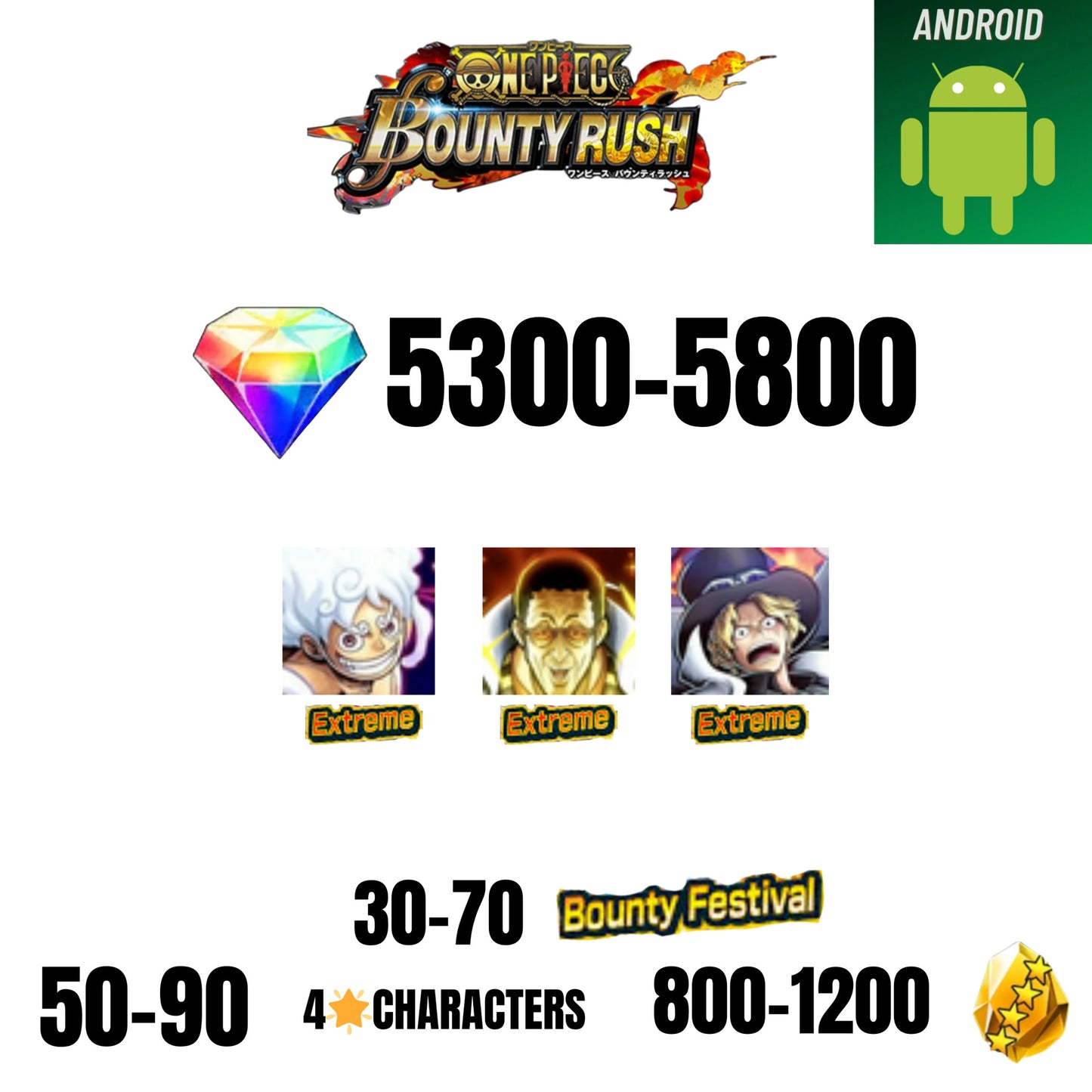 🔥5300 + GEMS💎2 EX CHARACTERS🔥30+ BOUNTY FESTIVAL🔥50+ 4-STAR CHARACTERS🔥800+ GOLD FRAGMENTS🔥ONE PIECE BOUNTY RUSH(ANDROID)✨️