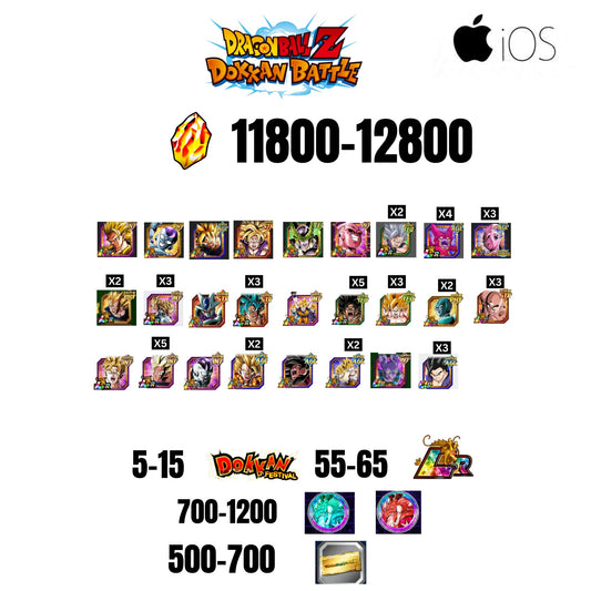 [GLOBAL][IOS] 11800-12800 STONES | 6TH ANNY CHARACTERS ANNY | BEAST GOHAN | CELL MAX | 26 CHARACTERS | 5-15 DOKKAN FEST | 55-65 LR | 500 TICKET