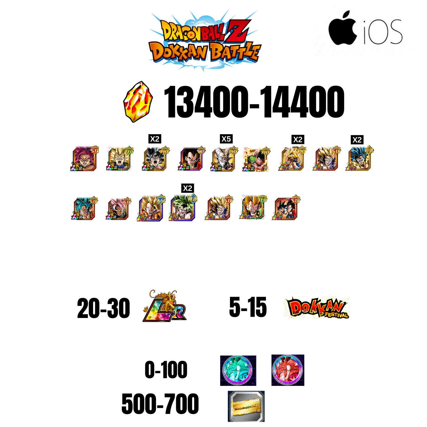 [GLOBAL][IOS] 13400-14400 STONES | GOKU SS4 | VEGETA SS3 | GOKU UI | VEGETA SS4 | 16 CHARACTERS | 20-30 LR + 5-15 DOKKAN FEST | 0-100 COIN | 500 TICKET
