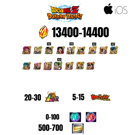 [GLOBAL][IOS] 13400-14400 STONES | GOKU SS4 | VEGETA SS3 | GOKU UI | VEGETA SS4 | 16 CHARACTERS | 20-30 LR + 5-15 DOKKAN FEST | 0-100 COIN | 500 TICKET