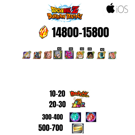 [GLOBAL][IOS] 14800-15800 STONES | BEAST GOHAN | CELL MAX | 9 CHARACTERS | 10-20 DOKKAN FEST | 20-30 LR | 500 TICKET