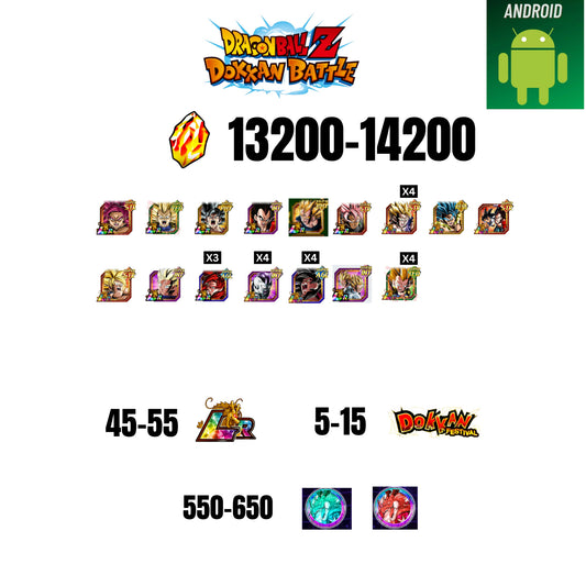 [GLOBAL][ANDROID] 13200-14200 STONES | GOKU SS4 | VEGETA SS3 | GOKU UI | VEGETA SS4 | 16 CHARACTERS | 45-55 LR + 5-15 DOKKAN FESTIVAL | 550-650 ANNY COIN