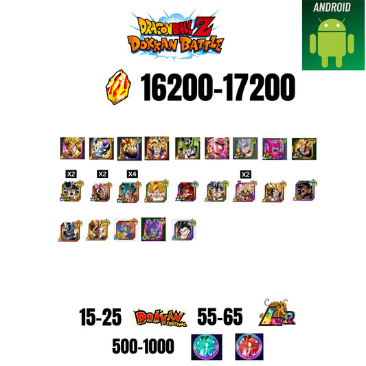 [GLOBAL][ANDROID] 16200-17200 STONES | 6TH ANNY CHARACTERS ANNY | BEAST GOHAN | CELL MAX | 23 CHARACTERS | 15-25 DOKKAN FEST | 55-65 LR | 500+ COIN