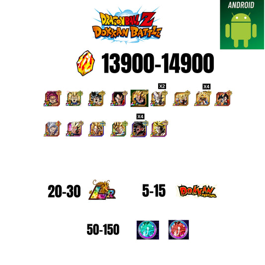 [GLOBAL][ANDROID] 13900-14900 STONES | GOKU SS4 | VEGETA SS3 | GOKU UI | VEGETA SS4 | 15 CHARACTERS | 20-30 LR + 5-15 DOKKAN FESTIVAL | 50-150 ANNY COIN