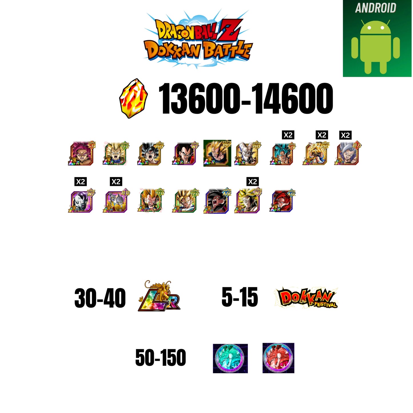 [GLOBAL][ANDROID] 13600-14600 STONES | GOKU SS4 | VEGETA SS3 | GOKU UI | VEGETA SS4 | 16 CHARACTERS | 30-40 LR + 5-15 DOKKAN FESTIVAL | 50-150 ANNY COIN