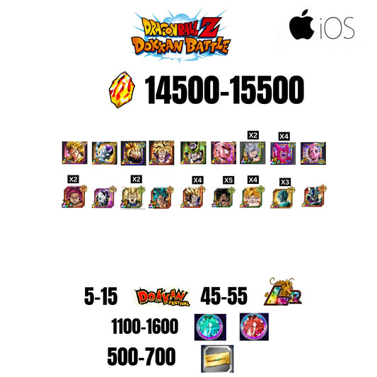 [GLOBAL][IOS] 14500-15500 STONES | 6TH ANNY CHARACTERS ANNY | BEAST GOHAN | CELL MAX | 18 CHARACTERS | 5-15 DOKKAN FEST | 45-55 LR | 500 TICKET