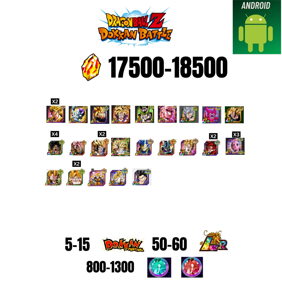 [GLOBAL][ANDROID] 17500-18500 STONES | 6TH ANNY CHARACTERS ANNY | BEAST GOHAN | CELL MAX | 23 CHARACTERS | 5-15 DOKKAN FEST | 50-60 LR | 800+ COIN