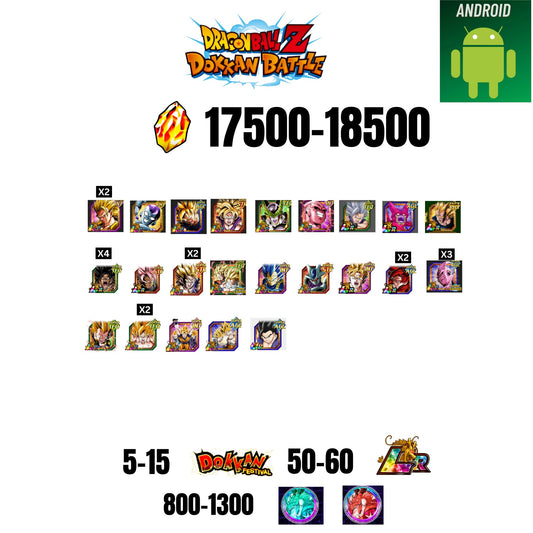 [GLOBAL][ANDROID] 17500-18500 STONES | 6TH ANNY CHARACTERS ANNY | BEAST GOHAN | CELL MAX | 23 CHARACTERS | 5-15 DOKKAN FEST | 50-60 LR | 800+ COIN