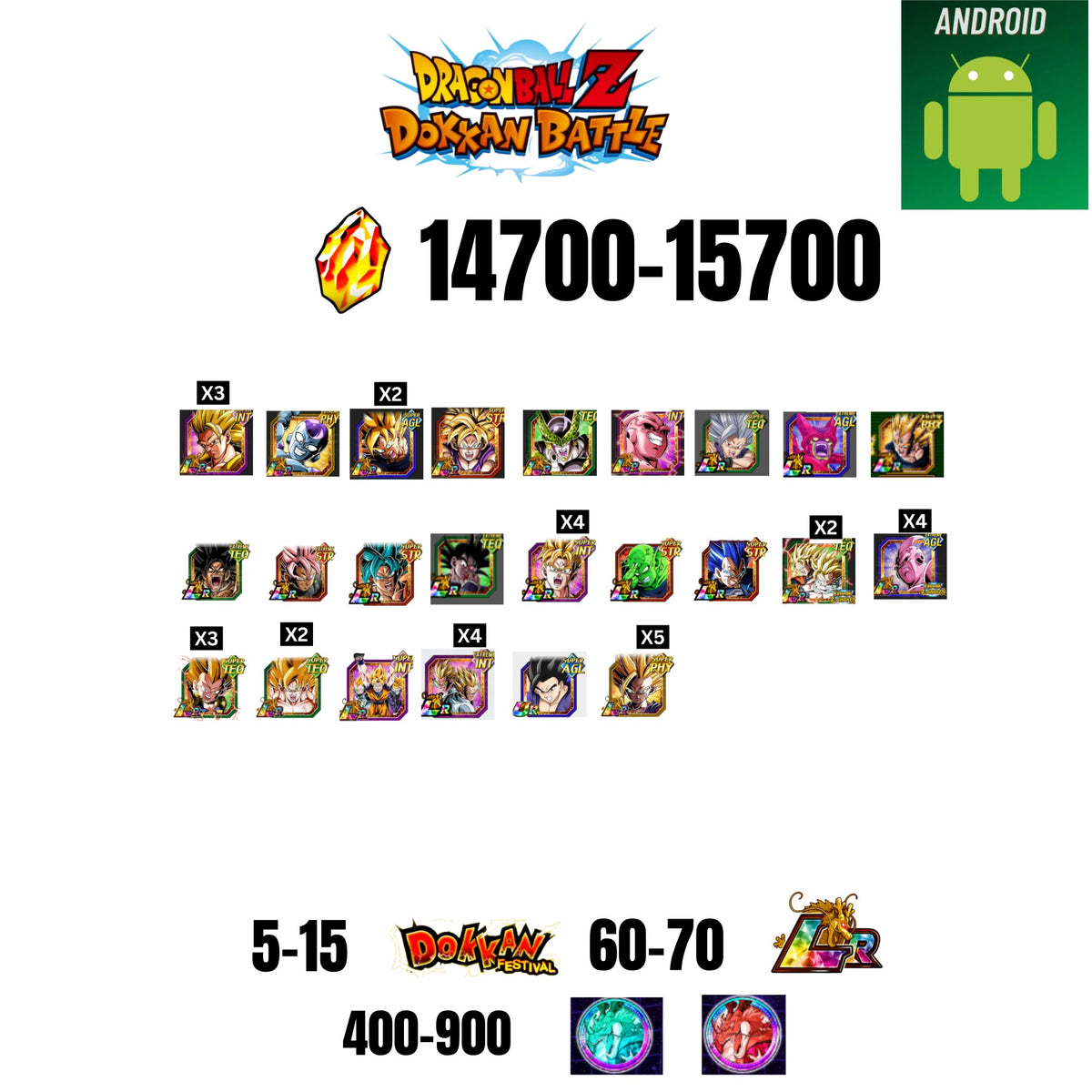 [GLOBAL][ANDROID] 14700-15700 STONES | 6TH ANNY CHARACTERS ANNY | BEAST GOHAN | CELL MAX | 24 CHARACTERS | 5-15 DOKKAN FEST | 60-70 LR | 400+ COIN
