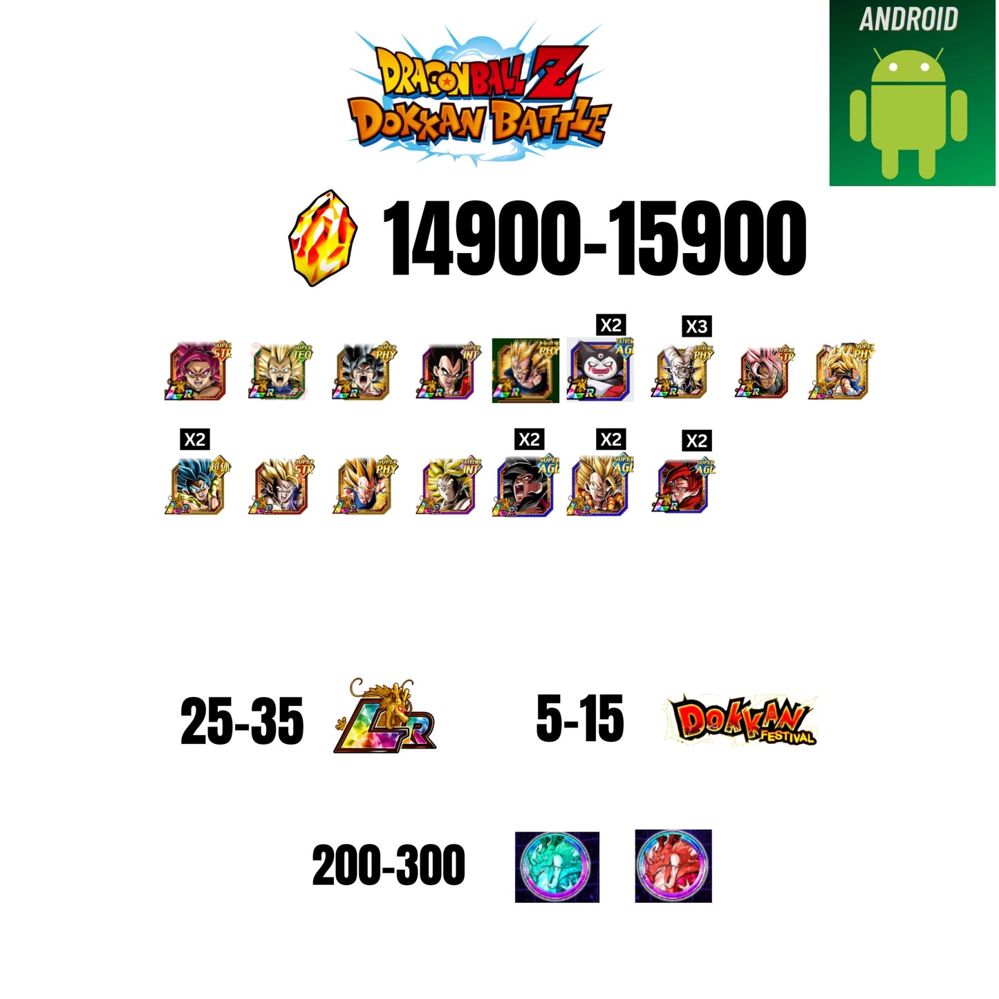[GLOBAL][ANDROID] 14900-15900 STONES | GOKU SS4 | VEGETA SS3 | GOKU UI | VEGETA SS4 | 16 CHARACTERS | 25-35 LR + 5-15 DOKKAN FESTIVAL | 200-300 ANNY COIN