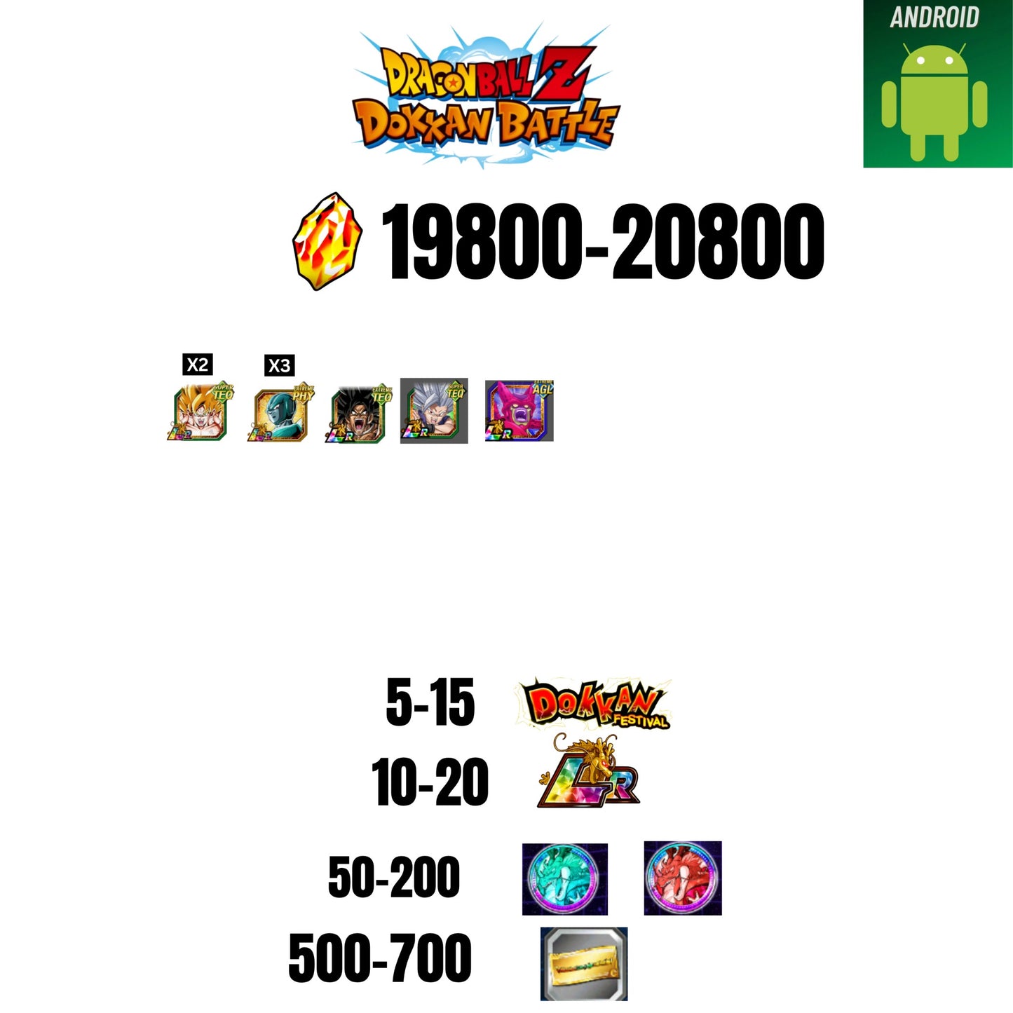 [GLOBAL][ANDROID] 19800-20800 STONES | BEAST GOHAN | CELL MAX | 5 CHARACTERS | 5-15 DOKKAN FEST | 10-20 LR | 500 TICKET
