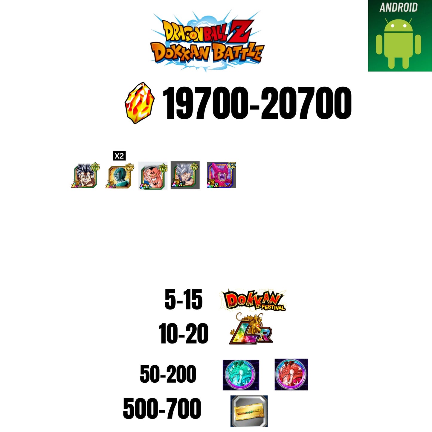 [GLOBAL][ANDROID] 19700-20700 STONES | BEAST GOHAN | CELL MAX | 5 CHARACTERS | 5-15 DOKKAN FEST | 10-20 LR | 500 TICKET
