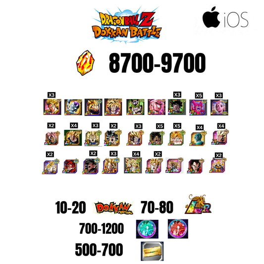 [GLOBAL][IOS] 8700-9700 STONES | 6TH ANNY CHARACTERS ANNY | BEAST GOHAN | CELL MAX | 21 CHARACTERS | 10-20 DOKKAN FEST | 70-80 LR | 500 TICKET