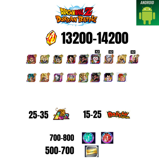 [GLOBAL][ANDROID] 13200-14200 STONES | GOKU SS4 | VEGETA SS3 | GOKU UI | VEGETA SS4 | 17 CHARACTERS | 25-35 LR + 15-25 DOKKAN FEST | 700-800 COIN | 500 TICKET