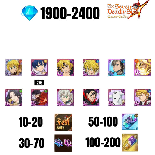 [GLOBAL] 1900-2400 GEMS | ODIN | GAWAIN | NEMESIS MELIODAS | ESCANOR/MERLIN | 10 FEST UR | 30-70 FEST UR/SSR