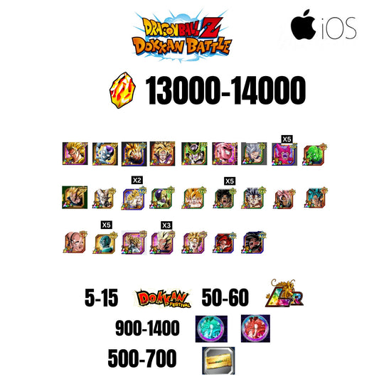 [GLOBAL][IOS] 13000-14000 STONES | 6TH ANNY CHARACTERS ANNY | BEAST GOHAN | CELL MAX | 25 CHARACTERS | 5-15 DOKKAN FEST | 50-60 LR | 500 TICKET