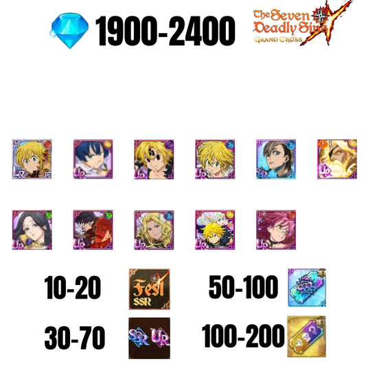 [GLOBAL] 1900-2400 GEMS | ODIN | GAWAIN | NEMESIS MELIODAS | ESCANOR/MERLIN | 9 FEST UR | 30-70 FEST UR/SSR