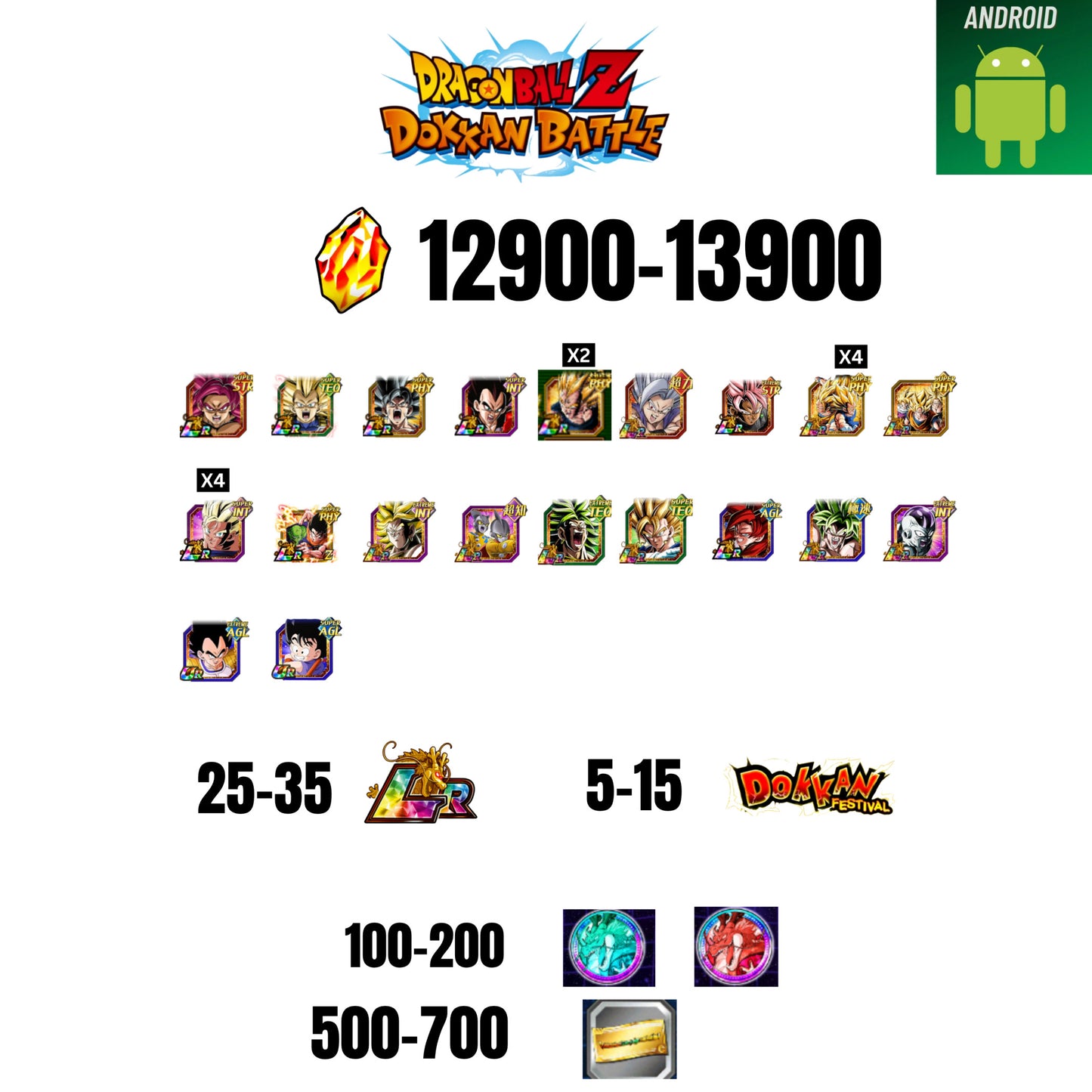[GLOBAL][ANDROID] 12900-13900 STONES | GOKU SS4 | VEGETA SS3 | GOKU UI | VEGETA SS4 | 20 CHARACTERS | 25-35 LR + 5-15 DOKKAN FEST | 100-200 COIN | 500 TICKET