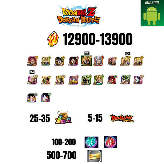 [GLOBAL][ANDROID] 12900-13900 STONES | GOKU SS4 | VEGETA SS3 | GOKU UI | VEGETA SS4 | 20 CHARACTERS | 25-35 LR + 5-15 DOKKAN FEST | 100-200 COIN | 500 TICKET