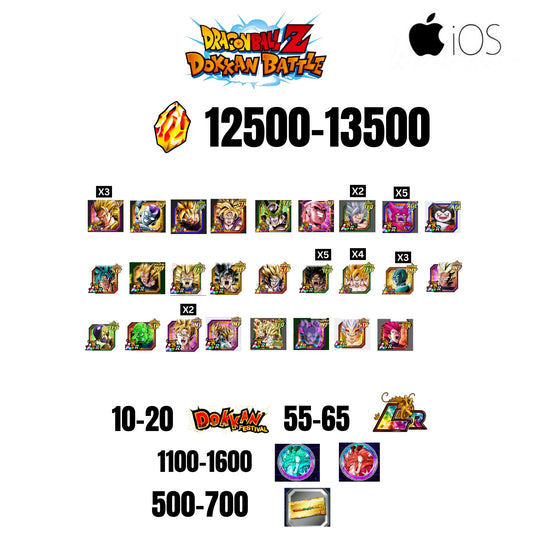 [GLOBAL][IOS] 12500-13500 STONES | 6TH ANNY CHARACTERS ANNY | BEAST GOHAN | CELL MAX | 26 CHARACTERS | 10-20 DOKKAN FEST | 55-65 LR | 500 TICKET