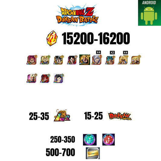 [GLOBAL][ANDROID] 15200-16200 STONES | GOKU SS4 | VEGETA SS3 | GOKU UI | VEGETA SS4 | 12 CHARACTERS | 25-35 LR + 15-25 DOKKAN FEST | 250-350 COIN | 500 TICKET