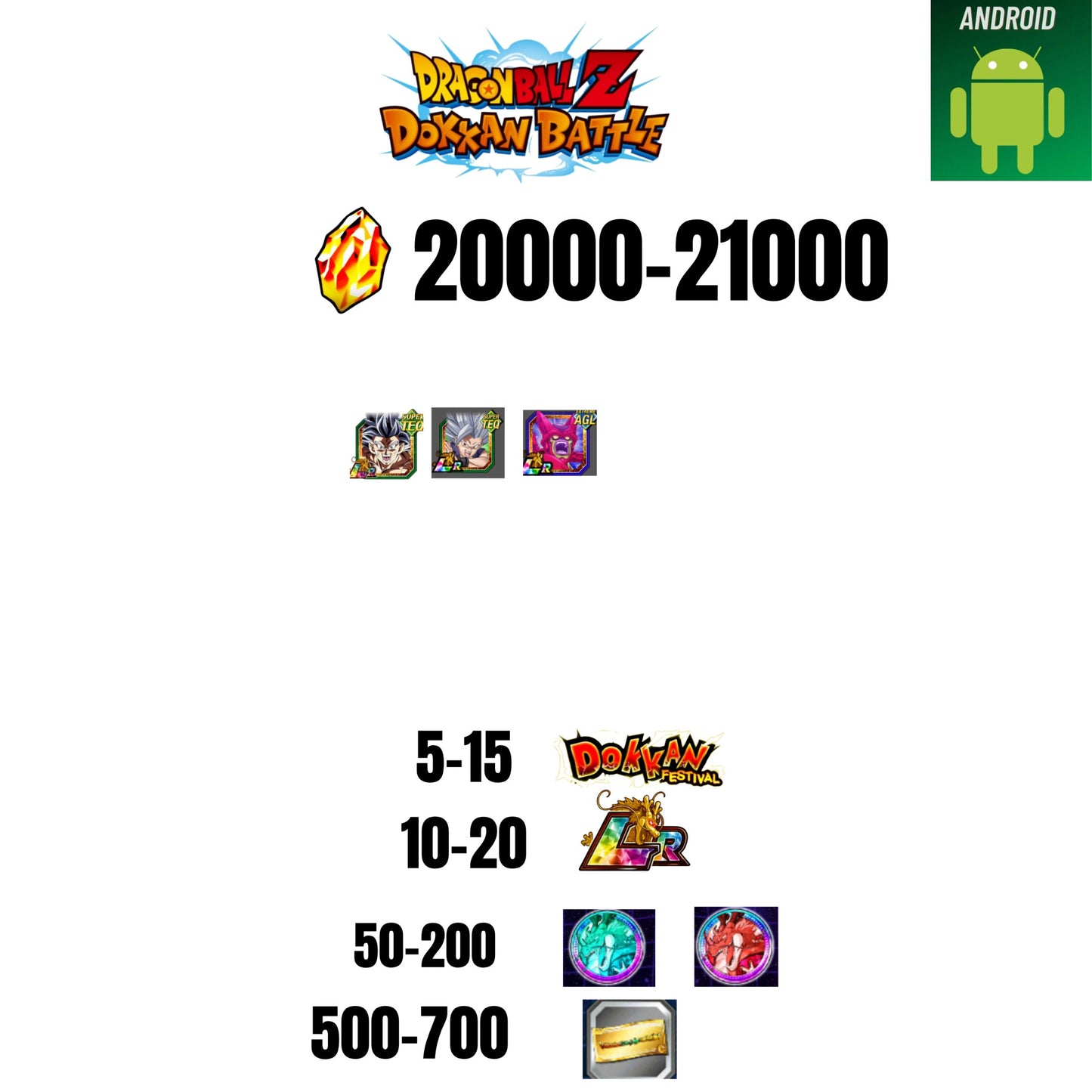 [GLOBAL][ANDROID] 20000-21000 STONES | BEAST GOHAN | CELL MAX | 3 CHARACTERS | 5-15 DOKKAN FEST | 10-20 LR | 500 TICKET