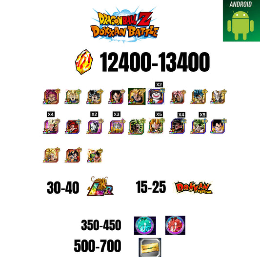 [GLOBAL][ANDROID] 12400-13400 STONES | GOKU SS4 | VEGETA SS3 | GOKU UI | VEGETA SS4 | 21 CHARACTERS | 30-40 LR + 15-25 DOKKAN FEST | 350-450 COIN | 500 TICKET